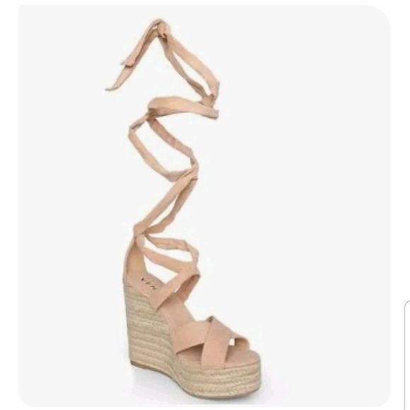 Venus Gladiator Wrap Espadrille Wedge Sandals Natural Faux Suede Women's Sz. 10M - Picture 1 of 13